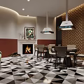 Modern Interior Design With Fireplace Dining Table Geometric Patterned Floor Decorative Painting And Pendant Lights