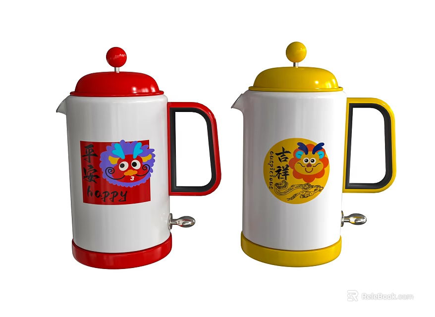 Two Red And Yellow Kitchen Appliance Kettles With Cartoon Lion Design 3d model 