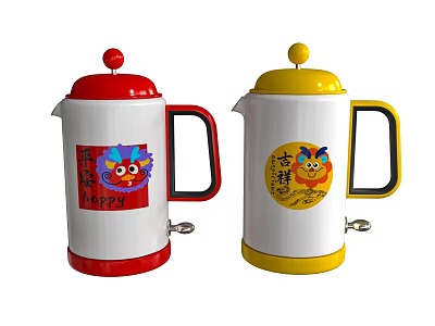 Two Red And Yellow Kitchen Appliance Kettles With Cartoon Lion Design 3d model