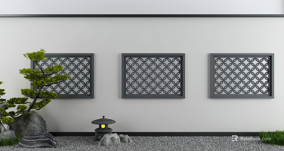 Building Exterior Wall Featuring Japanese Style White Surface Intricate Lattice And Stone Lantern 3d model 