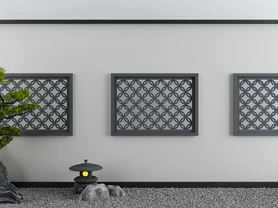 Building Exterior Wall Featuring Japanese Style White Surface Intricate Lattice And Stone Lantern 3d model