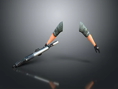 Modern Metallic Weapon Held By Arms With Green Sleeves And Black Gloves 3d model