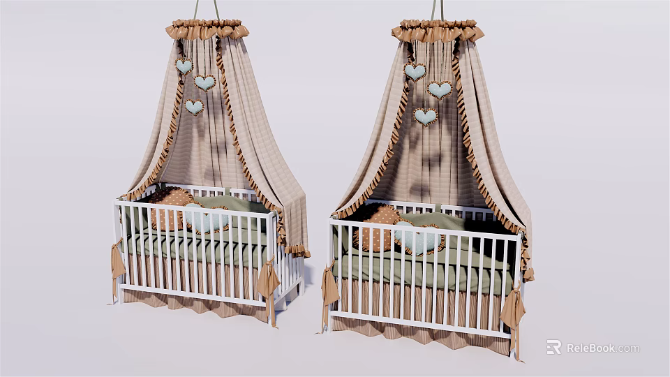 White Rail Baby Cribs With Beige Canopies And Heart Decorations Green Brown Mattresses 3d model 