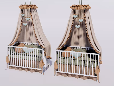 White Rail Baby Cribs With Beige Canopies And Heart Decorations Green Brown Mattresses 3d model