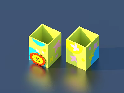 Yellow Cube Pencil Holders With Colorful Star Moon And Lion Face Design 3d model