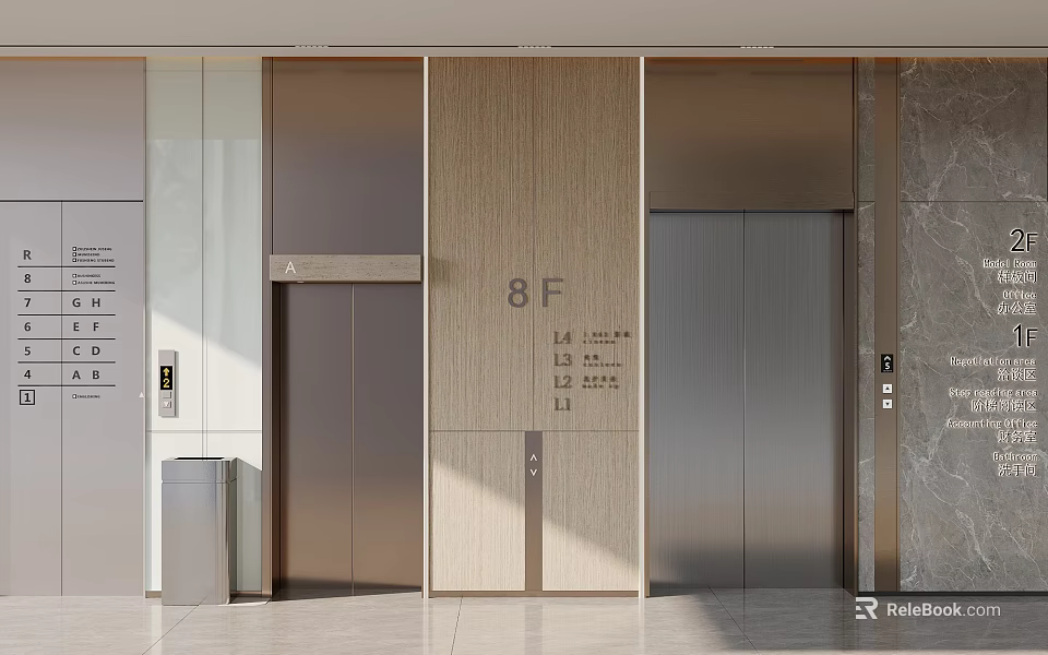Modern Elevator Lobby with 8F Sign Wooden Panel and Metal Doors 3d model 