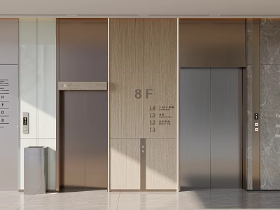 Modern Elevator Lobby with 8F Sign Wooden Panel and Metal Doors 3d model