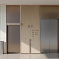 Modern Elevator Lobby with 8F Sign Wooden Panel and Metal Doors