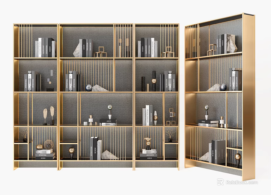 Modern Gold Frame Bookcase With Multiple Shelves Decorative Items And Gray Backpanel 3d model