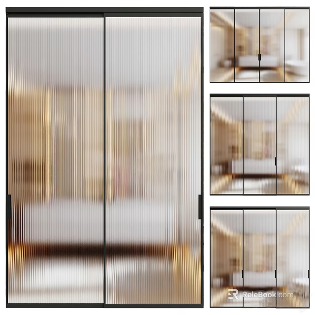 Modern Sliding Glass Door With Striped Design For Interior Partition And Gold Frame 3d model 