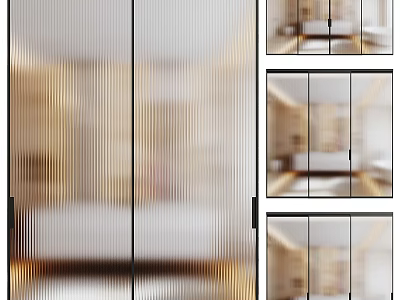 Modern Sliding Glass Door With Striped Design For Interior Partition And Gold Frame 3d model