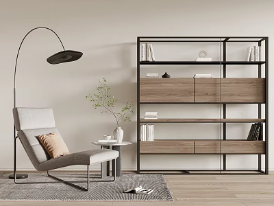 Modern Bookcase Interior Scene With Wooden Metal Frame Books Decorations Gray Chair Floor Lamp 3d model