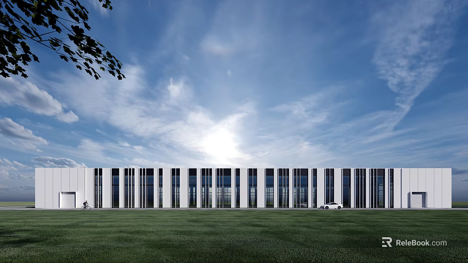 Modern Industrial Factory Exterior Design With Large Glass Windows And Green Lawn 3d model 
