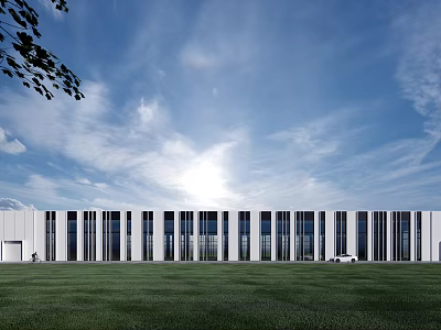 Modern Industrial Factory Exterior Design With Large Glass Windows And Green Lawn 3d model