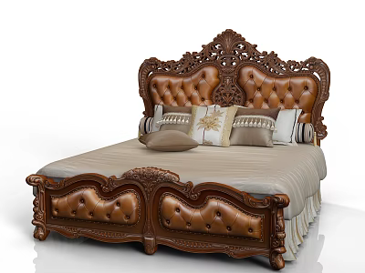 Classic Carved Leather Double Bed With Upholstered Headboard Footboard And Decorative Pillows 3d model