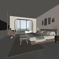 Modern Hotel Room Interior With Arched Window Scenic View Wooden Bed Decorative Paintings And Linen Bedding