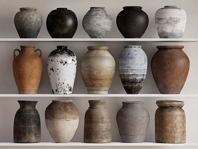 Various Ceramic Vases in Different Styles Displayed on Shelves with Textured Finishes 3d model
