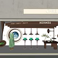 Elegant Luxury Hermes Shop Window Display With Green Dress And Green Items On Display Stands