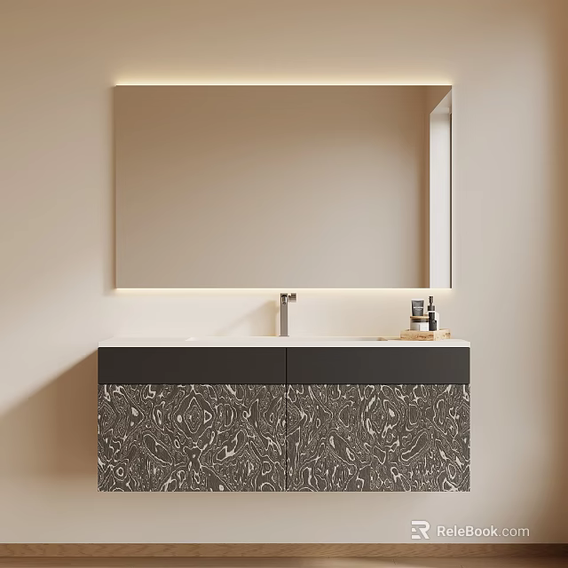 Bathroom Vanity Cabinet With Backlit Large Mirror Black Patterned Design Countertop Faucet And Toiletries 3d model 