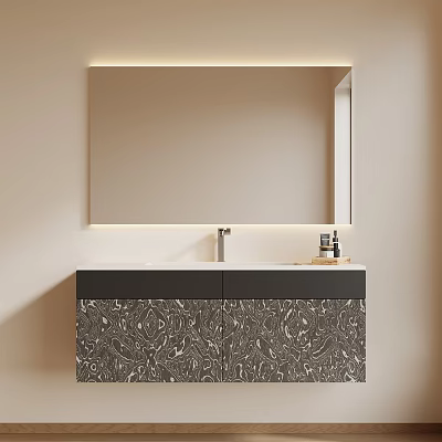Bathroom Vanity Cabinet With Backlit Large Mirror Black Patterned Design Countertop Faucet And Toiletries 3d model
