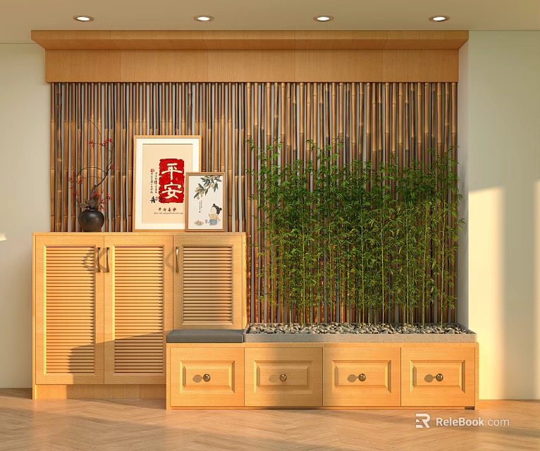 Entryway Hallway With Wooden Slat Partition Cabinet Bench And Bamboo Plant 3d model 