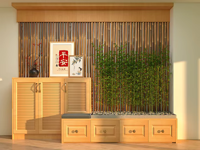 Entryway Hallway With Wooden Slat Partition Cabinet Bench And Bamboo Plant 3d model