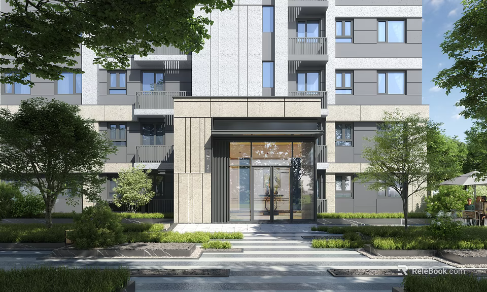 Modern Building Main Entrance Gate With Glass Doors Steps And Green Plants 3d model 