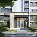 Modern Building Main Entrance Gate With Glass Doors Steps And Green Plants