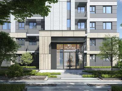 Modern Building Main Entrance Gate With Glass Doors Steps And Green Plants 3d model