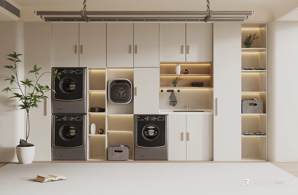 Modern Laundry Room With White Cabinets Washing Machine Dryer Open Shelves And Storage Baskets 3d model 