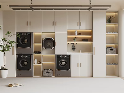 Modern Laundry Room With White Cabinets Washing Machine Dryer Open Shelves And Storage Baskets 3d model