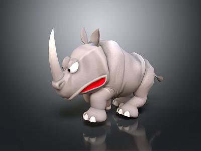 3D Cartoon Rhinoceros Model With Gray Body Open Mouth Large Horn And Shiny Floor 3d model