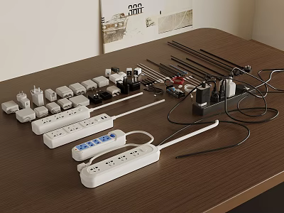 Various Power Strips With Plugs And Electrical Wires On Wooden Table 3d model