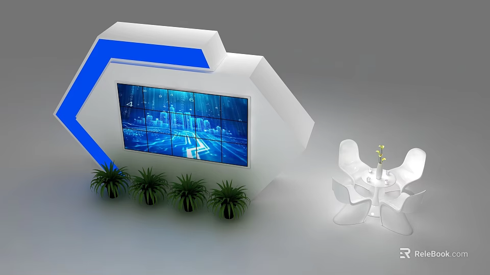 Modern Exhibition Island Featuring White Structure Blue Accents Large Digital Screen And Green Plants 3d model 