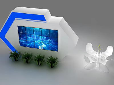 Modern Exhibition Island Featuring White Structure Blue Accents Large Digital Screen And Green Plants 3d model