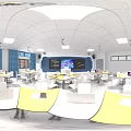 Modern School Classroom Interior With Smart Equipment Desks Chairs Windows And Blue Curtains
