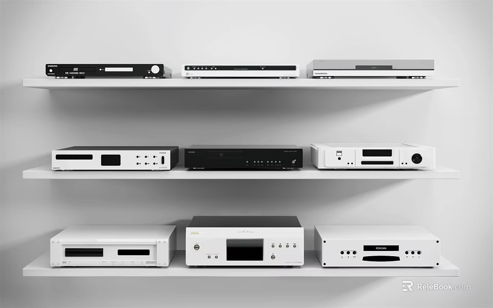 Modern Headphone Audio Equipment Setup On Shelves With Various Styles And Home Design 3d model 