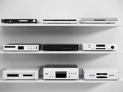 Modern Headphone Audio Equipment Setup On Shelves With Various Styles And Home Design 3d model