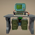 Vintage Computer Setup With Green Screen Keyboard On Metal Table And Storage Cabinets 3d model