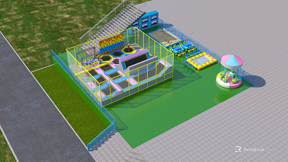 Colorful Outdoor Playground With Trampoline Area Carousel And Fence On Green Lawn And Paved Ground 3d model 