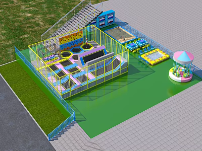Colorful Outdoor Playground With Trampoline Area Carousel And Fence On Green Lawn And Paved Ground 3d model