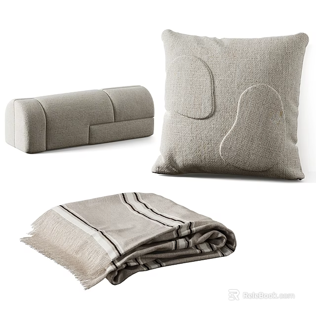 Minimalist Neutral Linen Pillow With Cylindrical Cushion And Soft Blanket 3d model 