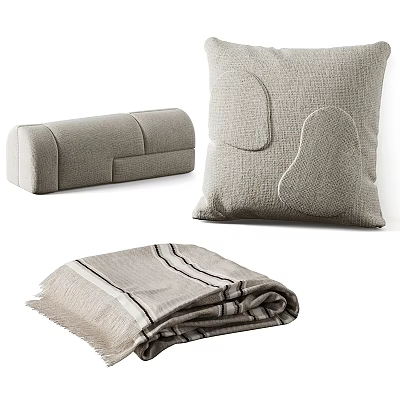 Minimalist Neutral Linen Pillow With Cylindrical Cushion And Soft Blanket 3d model