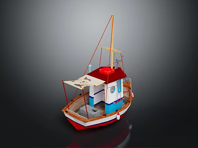 Vibrant Model Boat Featuring Red Roof White Hull Blue Cabin Foldable Canopy And Deck 3d model