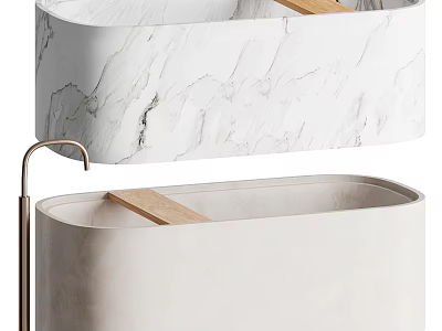 Stylish Bathtubs With Marble Texture Wooden Shelves And Copper Faucet 3d model