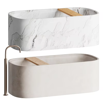 Stylish Bathtubs With Marble Texture Wooden Shelves And Copper Faucet 3d model