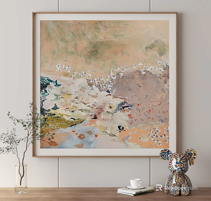 Abstract Wall Art Painting In Living Room With Green Plant And Decorative Ornament 3d model 