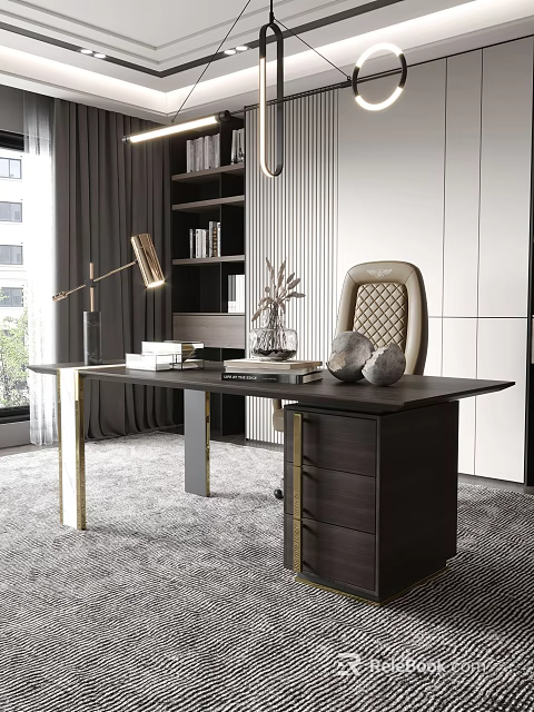 Elegant Modern Desk With Black Wooden Top Gold Metal Legs Leather Chair And Table Lamp 3d model 