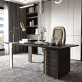 Elegant Modern Desk With Black Wooden Top Gold Metal Legs Leather Chair And Table Lamp