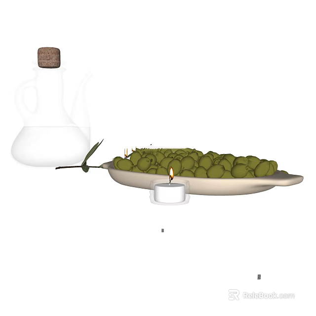Ceramic Serving Plate With Fresh Olives Olive Oil Bottle And Candle 3d model 